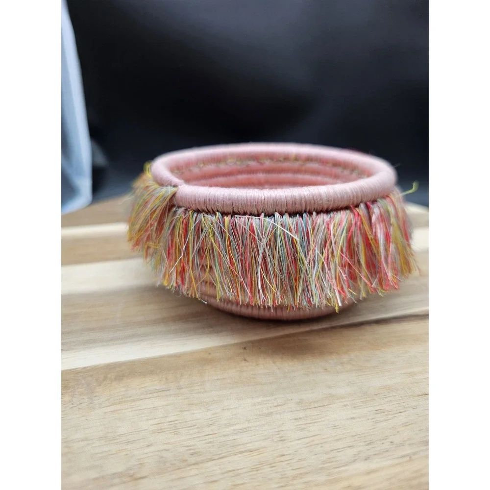 Handmade Woven Basket Small‎ Trinket Dish Pink Decor